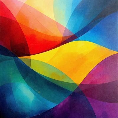 The primary subject of the image is a colorful, abstract artwork featuring a mix of blue, yellow, and orange colors. The setting is a wall, and the visual style appears to be a combination of digital art and illustration. The dominant colors and overall atmosphere of the artwork are vibrant and lively, creating a sense of energy and movement.